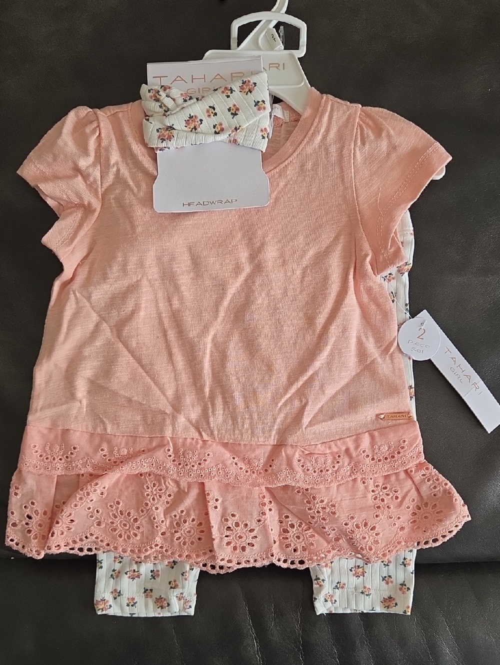 NWT Tahari Girls Peach Eyelet Peplum Top with Floral Leggings